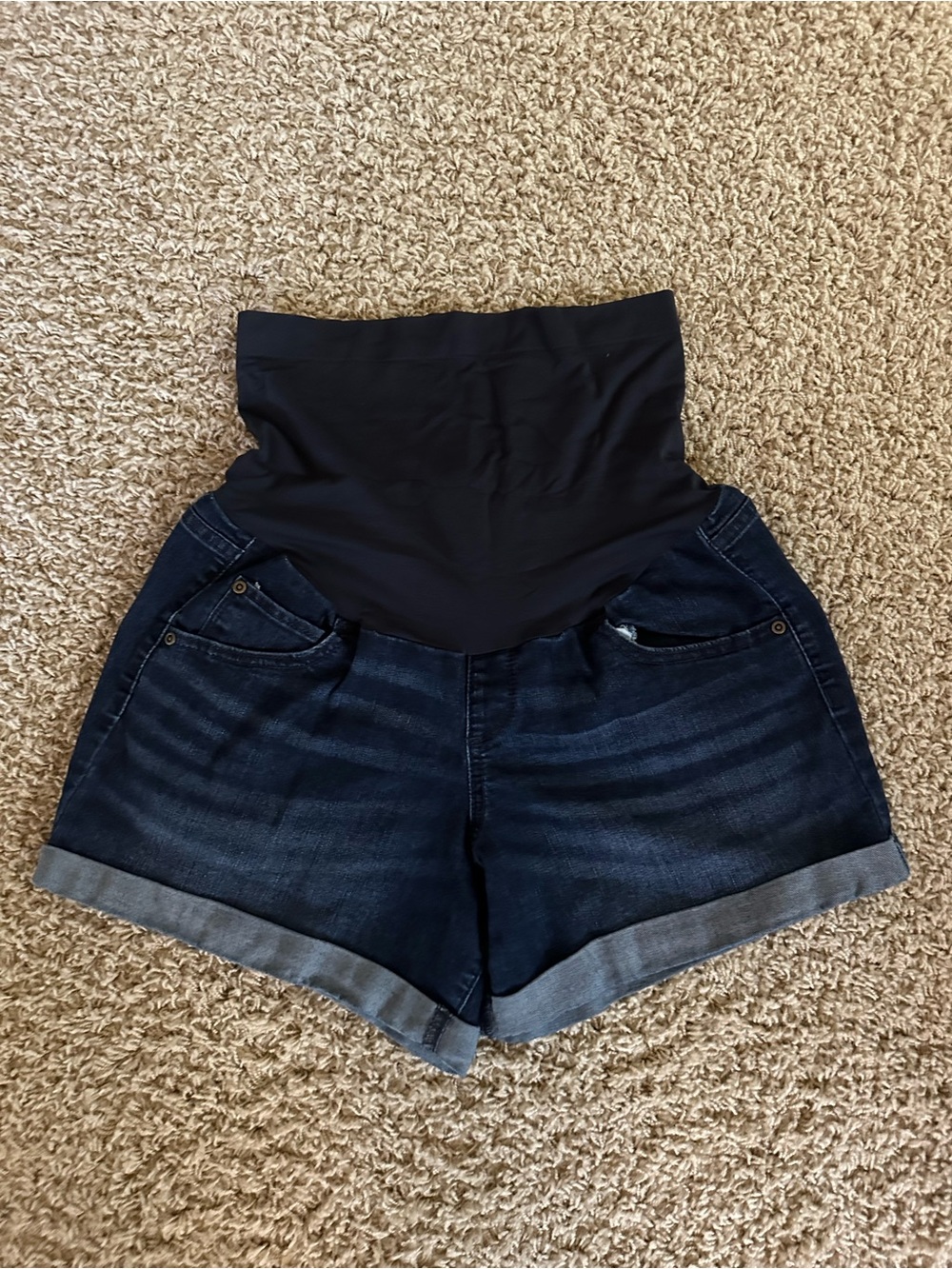 a:glow Dark Blue Denim Maternity Shorts with Black Belly Panel